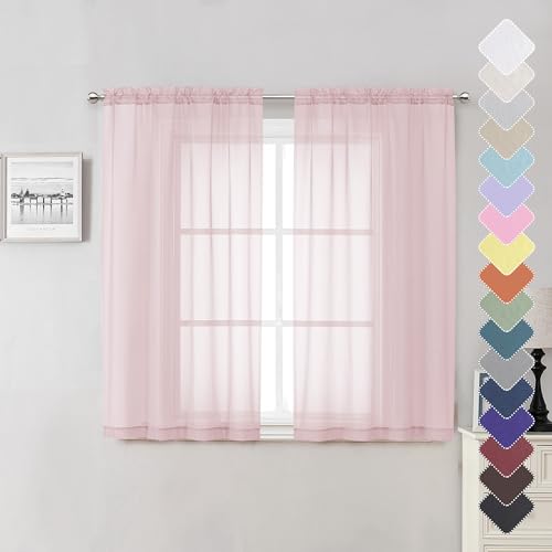 Lecloud Blush Sheer Curtains 54 Inches Long 2 Panels Set, Airy & Breathable Dual Rod Pocket Semi Voile Pink Sheer Curtain, Window Drapes for Bedroom/Living Room/Kitchen/Party Backdrop, 40W x 54L
