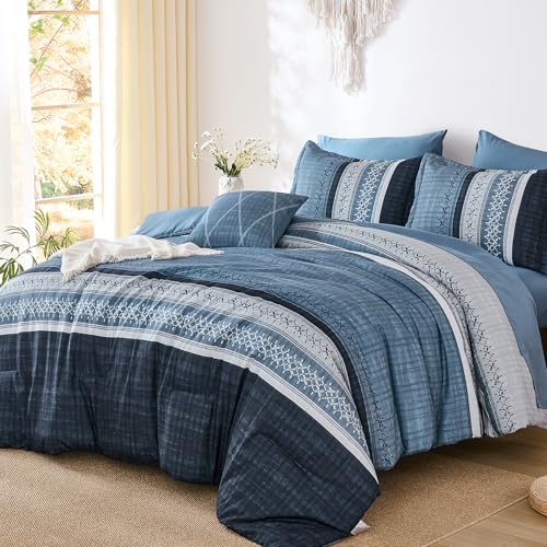 Navy Blue Queen Comforter Size Set, 7 Pieces Striped Texture Bed in a Bag Bedding Sets, Lightweight Soft Comforter and Sheet Set, All Season Microfiber Teen Boys Bedding Sets for Men Women