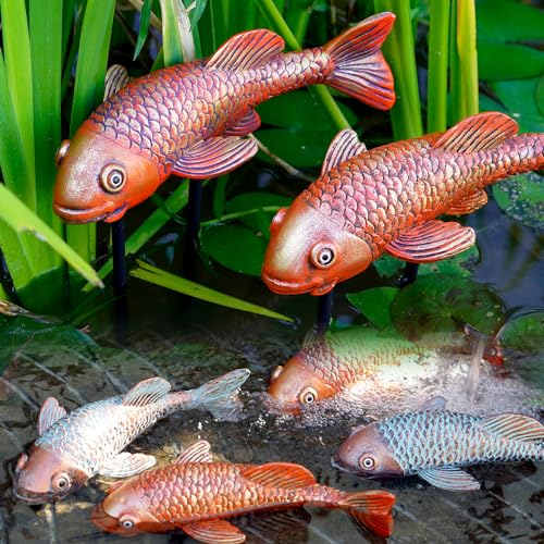 VKEVOC Antique Ceramic Koi Fish Garden Statues - Set of 2 - Exquisite Fish Sculptures for Outdoor, Patio, Pond, and Garden Decorations (Brassy)