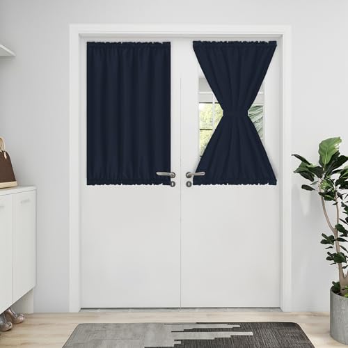 Easy-Going Blackout Door Curtains 1 Panel, 52x40 inch, Navy - Rod Pocket Privacy Light Filtering Sidelight Curtains French Door Curtains with Tieback