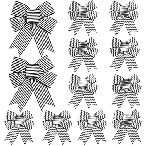 Tsorode 12 Pcs Christmas Bows for Tree,5 x 7 Inch Black and White Striped Christmas Tree Bows for Wreaths Gift Wrapping Garland, Xmas Decoration Holiday Party Decor Tree Ribbon Ornaments Crafts
