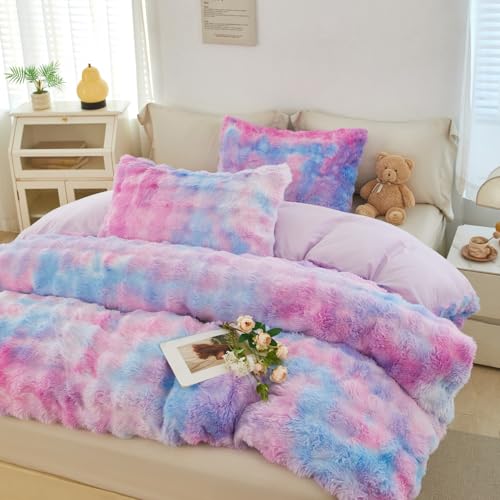 SUCSES Faux Fur Duvet Cover Sets for Girls Twin Blue Purple Fuzzy Fur Comforter Set Plush Shaggy Soft Bubble Velvet Bedding Set with 2 Pillowcases for Kids Adult Bedroom Decor(Tie Dye Blue, Twin)