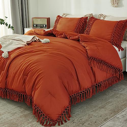 Andency Burnt Orange King Bed Comforter Set, 3 Pieces Boho Terracotta Tassel Lightweight Summer Soft Bedding Comforter Sets, All Season Rust Fluffy Bed Set (104x90In Comforter & 2 Pillowcases)