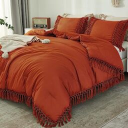 Andency Burnt Orange King Bed Comforter Set, 3 Pieces Boho Terracotta Tassel Lightweight Summer Soft Bedding Comforter Sets, All Season Rust Fluffy Bed Set (104x90In Comforter & 2 Pillowcases)