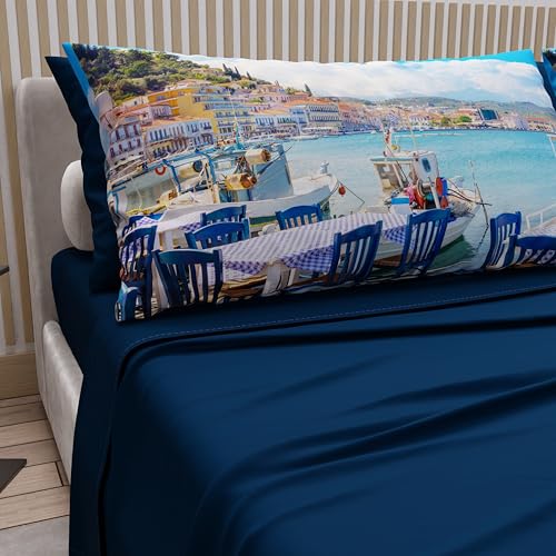 PETTI ARTIGIANI ITALIANI - Cotton Sheet Set for Single and Half French Bed with Pillowcases and Fitted Sheet 140 x 200 cm, Gythio Blue Night Design, 100% Made in Italy