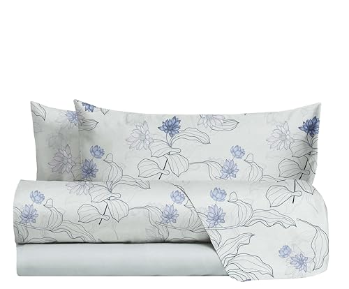 hermet Pamela Indigo Double Bed Sheet Set, 100% Cotton Pattern, Double Bed Set, Top Sheet + Fitted Sheet + 2 Pillowcases, Pamela Indigo