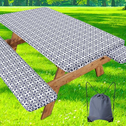 "misaya Picnic Table Cover with Bench Cover, Waterproof Elastic Fitted Tablecloth for 8 Foot Tables, Rectangle Washable Polyester Tablecloths for Picnic, Camping, Outdoor (Navy, 30"" x 96"")"