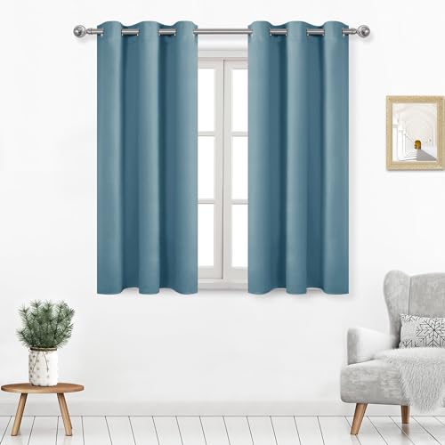 DWCN Blackout Curtains for Living Room, Room Drakening Curtains for Bedroom, Solid Thermal Privacy Protection 45 Inch Window Curtains, Stone Blue, W38 x L45 Inch, Set of 2