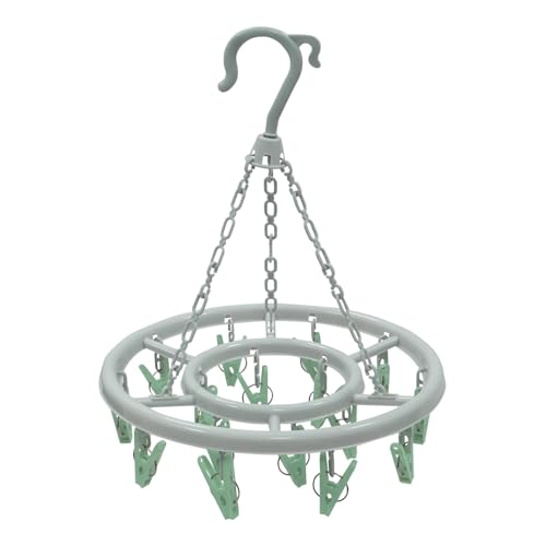 JVL Round Sock Dryer with 16 Pegs ??? Hanging Laundry Drying Rack ??? Light Grey Frame with Green Clips ??? Indoor & Outdoor Airer