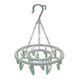 JVL Round Sock Dryer with 16 Pegs ??? Hanging Laundry Drying Rack ??? Light Grey Frame with Green Clips ??? Indoor & Outdoor Airer