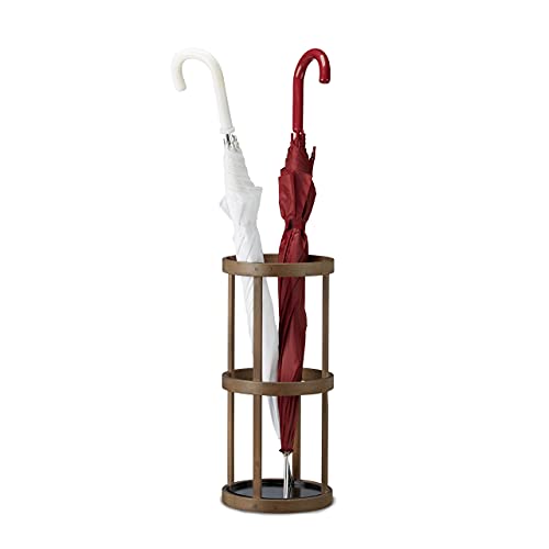 Relaxdays Round Bamboo Umbrella Stand, Wooden Cane Holder with Drip Tray, HxWxD: 45 x 20.5 x 20.5 cm, Brown