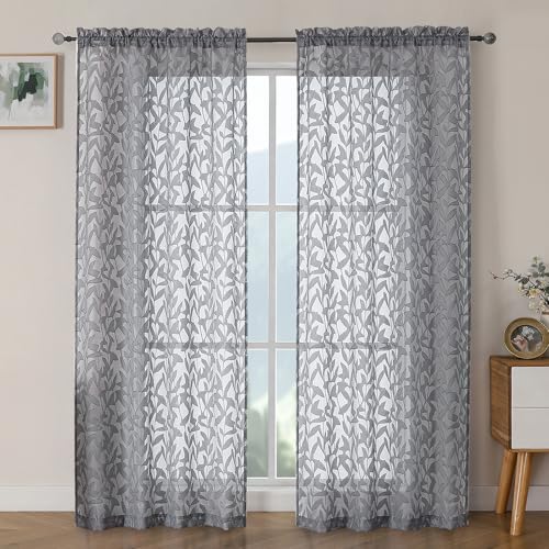OWENIE Leyna Charcoal Gray Sheer Curtains 72 Inches Long for Bedroom 2 Panels Set, Light Filtering Clip Jacquard Textured Living Room Curtains, Rod Pocket Leaves Door Drapes, Each 40Wx72L Inch