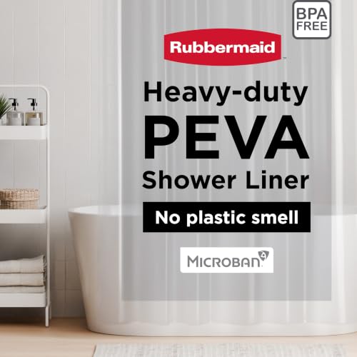 Rubbermaid Heavyweight PEVA Shower Curtain Liner, Waterproof Shower Liner with Rustproof Metal Grommets and Weighted Magnetic Hem, 70 x 72 Inches, Clear with Charcoal Grommets