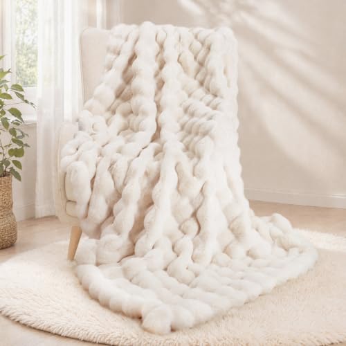 Super Comfort Oversized Warm Thick Bubble Double Sided Plush Rabbit Faux Fur Throw Blanket, Fluffy Blanket,Soft Cozy Blanket for Couch Chair Bed Sofa Living Room,White50'' x 60''