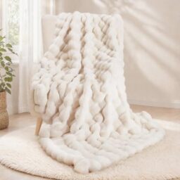 Super Comfort Oversized Warm Thick Bubble Double Sided Plush Rabbit Faux Fur Throw Blanket, Fluffy Blanket,Soft Cozy Blanket for Couch Chair Bed Sofa Living Room,White50'' x 60''
