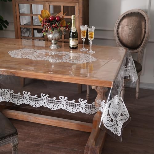 Artbloss Rectangle Waterproof Clear Table Cover Protector Vinyl Table Cloth Oil Spill Proof Wipe Clean Lace Plastic Tablecloths for Dining Tables (White, 52 x 70 Inches)