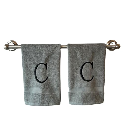 Gray with Black Monogrammed Hand Towels for Bathroom - Set of 2 Letter C - Luxury Hotel Quality Initial Towels For Powder Room, Spa, GOTS Organic Certified