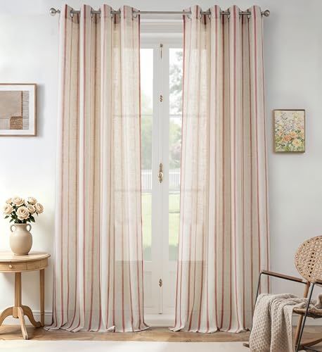 DriftAway Farmhouse Curtains for Living Room Vertical Striped Linen Curtains Semi Sheer Light Filtering Grommet Window Treatments, 120 Inches Long, 2 Panels, Pinstripe Red on Beige