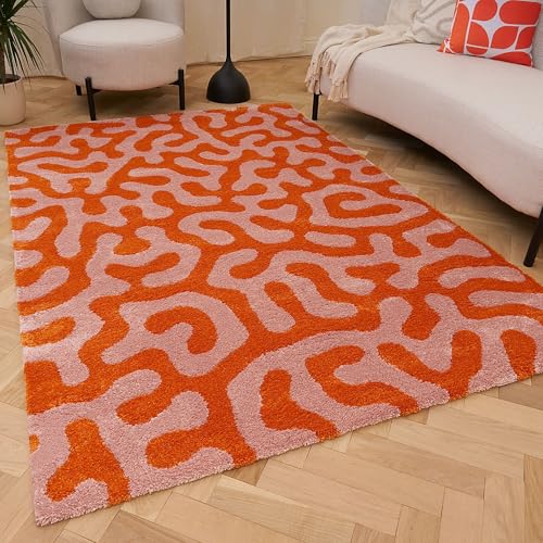 THE RUGS Joli Area Rug - Soft Dense Pile Modern Artistic Design, Durable & Easy Care Carpet for Living Room & Bedroom - Doodle Orange & Pink, 200 x 290 cm