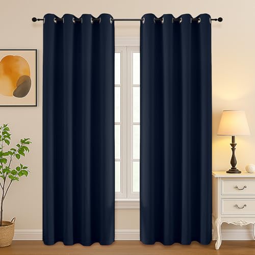 Simplebrand Navy Blue Room Darkening Curtains for Bedroom Living Room 84 Inch Length 2 Panels Set, Thermal Insulated Curtains & Drapes, Solid Grommet Noise Reducing Window Treatment, W50 x L84 Inch