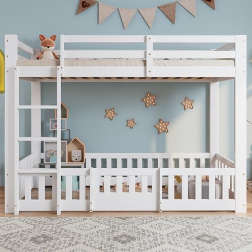 Merax 3FT Bunk Bed for Kids with Fences and Door, Children's Cabin Loft Bed with Fall Protection, Safety Railings, and Solid Wood Construction, Perfect for Toddlers, White, 90x190cm