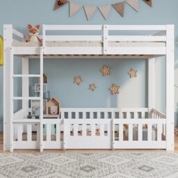 Merax 3FT Bunk Bed for Kids with Fences and Door, Children's Cabin Loft Bed with Fall Protection, Safety Railings, and Solid Wood Construction, Perfect for Toddlers, White, 90x190cm