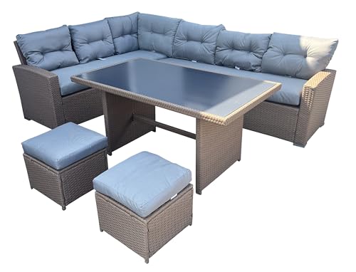 7 Seater Aluminium Rattan Corner Sofa Set with Dining Table - Corner Sofa Set, Dining Table, Footstools and Thick Cushions, Outdoor Patio Dining and Garden Lounge Furniture