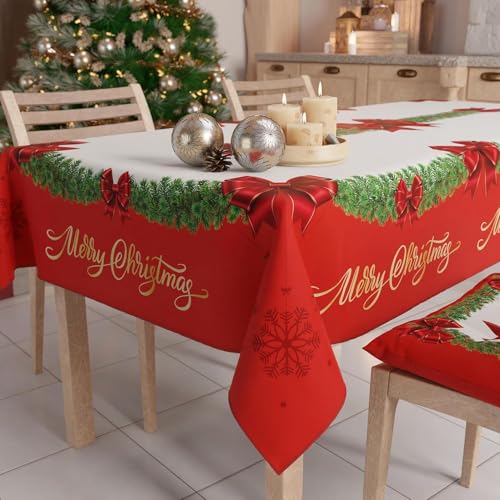 PETTI Artigiani Italiani Stain-Resistant Tablecloth Christmas ??? 140x240 cm Rectangular Festive Table Cover for Kitchen or Dining Table, Red Bow Design ??? 12 Seats, 100% Made in Italy