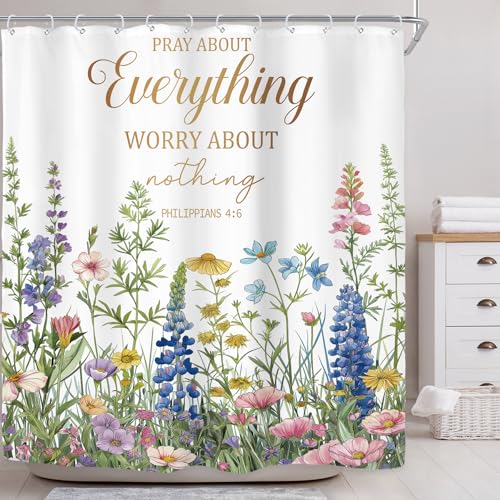 "Bible Verse Floral Wildflower Scripture Quotes Bathroom Shower Curtain Set - 72""W x 72""H Botanical Christian waterproof HD print, quick-dry fabric with plastic hooks for easy hanging."