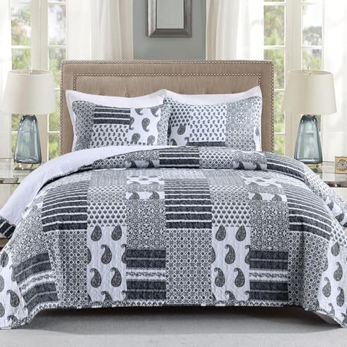 HIARUO Quilt Set Twin Size, 2 Pieces Bedspread Coverlet Plaid Patchwork Quilt Farmhouse Twin Size Comforter Set Lightweight Bedding with 1 Pillow Cover Sham for All Season Gray