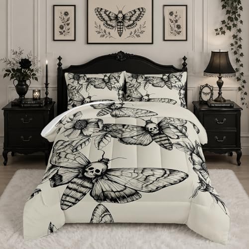 HOSIMA Gothic Decor Comforter Set,Death Moth Skull Heads Pattern Halloween Bed Set Queen Size for Boys Room Decor, Twin Bed in a Bag for Teens with 2 Pillowcases.