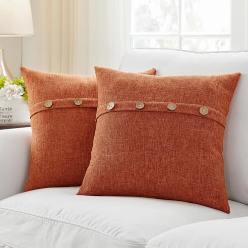 Meekio Set of 2 Fall Pillow Covers 22 x 22 Burnt Orange Pillow Covers with Coconut Buttons Fall Decorations for Home