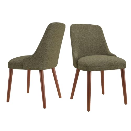 Dining Chairs Set of 2, Upholstered Dining Room Chairs with Solid Wood Legs, Modern Fabric Kitchen Chairs with Ergonomic High Back, Thick Padded Seat, Accent Chairs for Dining Room, Living Room, Green