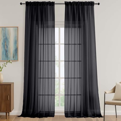 OVZME Black Sheer Curtains 120 Inches Long 2 Panels Set, 59 Inch Extra Wide Soft Airy Lightweight Sheer Curtains for Living Room, Farmhouse Voile Filmy Rod Pocket Drapes, 59Wx120L Inches