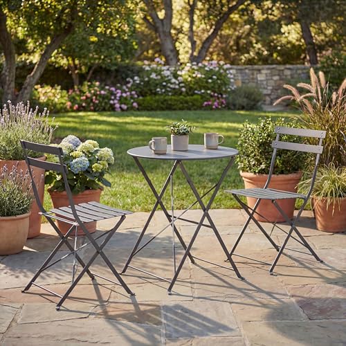 Garden Vida Porto 2 Seater Metal Folding 3 pcs Bistro Set For Garden, Patio And Balcony (Dark Grey)