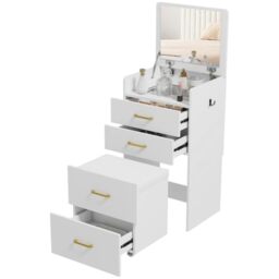 HOMCOM Two Piece Dressing Table with Flip Top Mirror, Rolling Stool White - Modern Vanity Desk, Visible Glass Tabletop, Drawers, Side Hook, Makeup Table, Cushioned Storage Stool, for Bedroom
