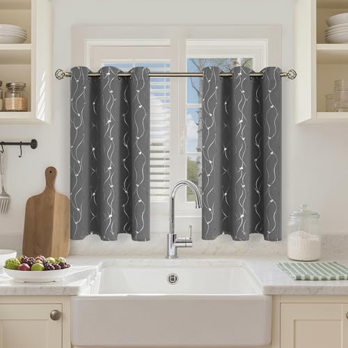 BGment Short Blackout Curtains 36 Inches Length for Small Window, Grommet Thermal Insulated Window Drapes with Wave Line and Dots Printed for Kitchen Bedroom, 2 Panels, Each 42 x 36 Inch, Dark Grey