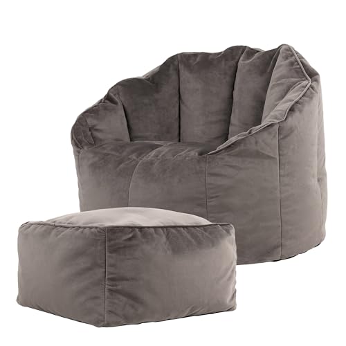 icon Sirena Velvet Bean Bag Chair with Footstool, Charcoal Grey, Large Adult Bean Bag with Filling Included, Accent Chair, Living Room Furniture, Bedroom Furniture