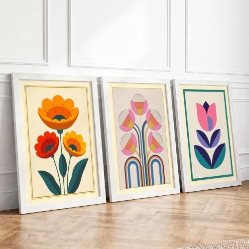 Folk Flowers Botanical Set of 3 Framed Wall Art Prints A3 (42×29.7cm)
