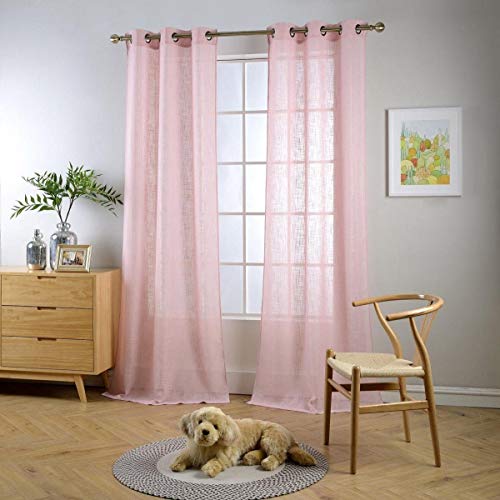"MIUCO Semi Sheer Curtains Poly Linen Textured Solid Grommet Curtains 84 Inches Long for Girls Room 2 Panels (2 x 37 Wide x 84"" Long) Pink"