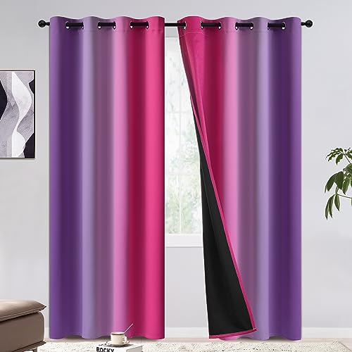 COSVIYA 100% Blackout Curtains & Drapes Pink Purple Curtains 84 inches Long 2 Panels Set, Full Room Darkening Grommet Gradient Insulated Thermal Window Curtains for Bedroom/Living Room,52x84 inches
