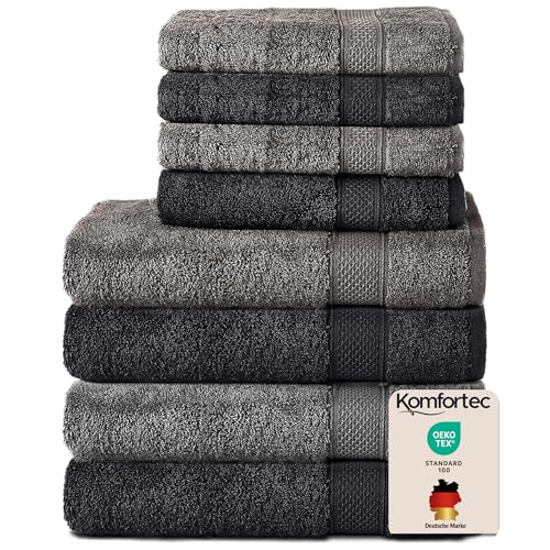 Komfortec Set of 8 Hand Towels 100% Cotton, 4 Bath Towels 70 x 140 cm and 4 Hand Towels 50 x 100 cm, Terry Cloth, Soft, Towel, Large, Anthracite/Black