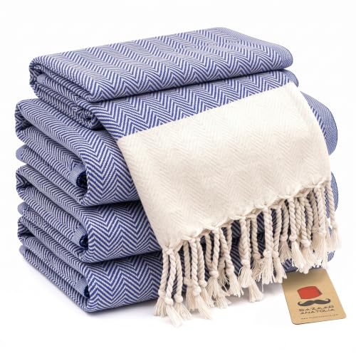 "Bazaar Anatolia Hand Towels - Set of 4 - 39"" x 19"" - Decorative Turkish Hand Towel for Bathroom, 100% Cotton, Kitchen, Face, Hair, Tea, Dishcloth, Blue Guest Towels - Herringbone Royal Blue"
