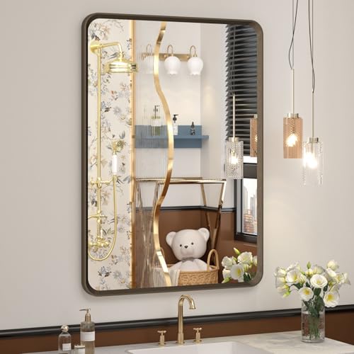 OKPAL 24x32 Bronze Bathroom Mirror, Bronze Frame Rectangle Mirror, Brushed Bronze Vanity Mirror, Round Corner, Wall-Mounted, Anti-Rust, Hangs Horizontally or Vertically