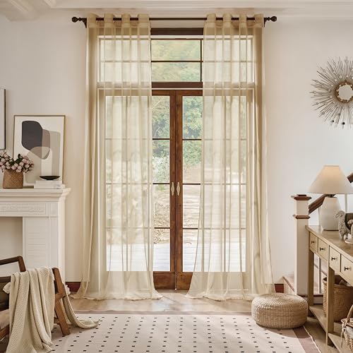 MISSTIAM Foil Stripe Taupe Sheer Curtains 108 inches Length 2 Panels with Grommets 52 inches Widith, Semi Transparant Curtains for Living Room and Multiple Rooms, Light Filtering Window Treatment