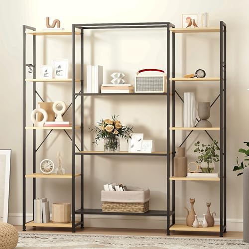 DWVO Industrial Standing Bookcase, Wooden Standing Shelf and Metal Frame, Display Shelf for Living Room with 13 Shelves, Home Office, Oak Color