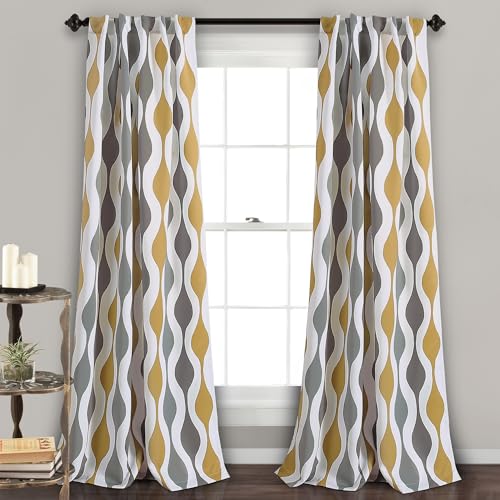 "Lush Decor Mid Century Geo Room Darkening Window Curtain Panel Pair, 52"" W x 84"" L, Gold & Gray"