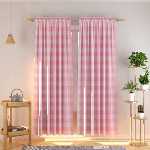 NATUS WEAVER Buffalo Check Cotton Curtains 84 inch Length Kitchen Living Room Bedroom Pink and White Gingham Plaid Window Curtain Panels Basement Drapes 2 Panels Rod Pocket Window Treatment Set