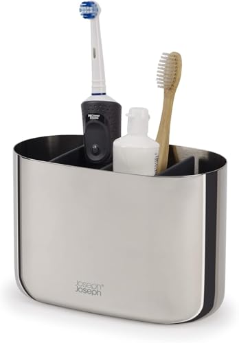 Joseph Joseph EasyStore - Luxe Stainless-steel Toothbrush Holder Caddy Bathroom Storage, Large- Steel
