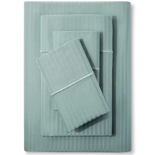 Feather & Stitch Queen Size Damask Stripe Sheet Set - 4 Piece Set, Ultra Soft 100% Cotton Sheets, 500 Thread Count Luxury Sateen Weave, Deep Pocket Bedsheets, with 2 Pillowcases (Queen, Granite Green)